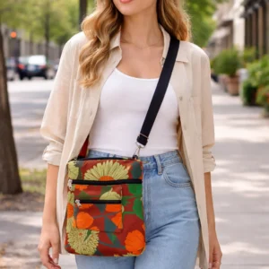 Woman with vibrant crossbody bag